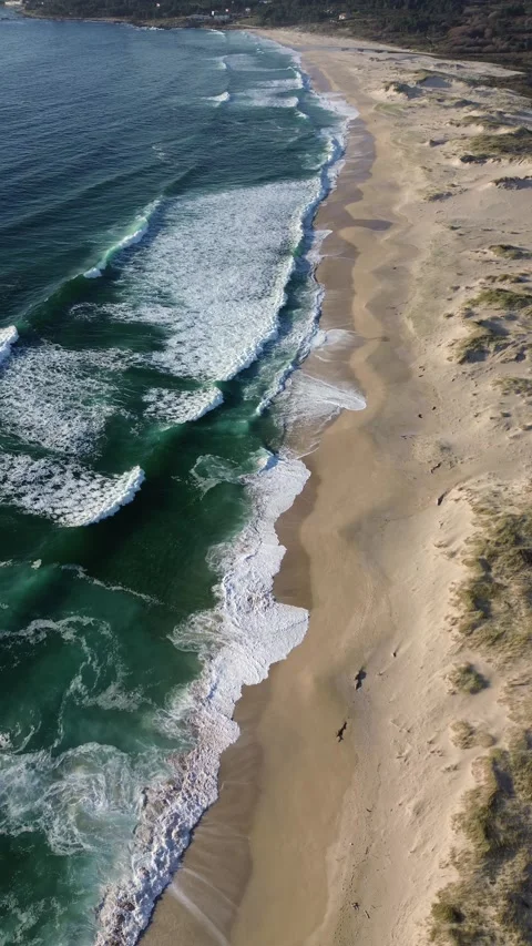 Aerial Drone Vertical View of Ocean Waves Crashing on Sandy Beach – 4K 库存影片 314616706