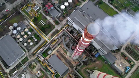 Aerial drone vertical view of thermal power plant in Chisinau at cloudy weather, Stock Footage 229755489