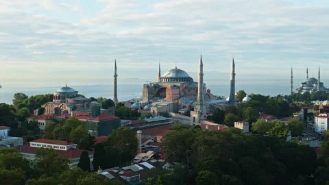 Aerial drone video of the Aya Sofia Mosque in Istanbul, Turkey during a sunrise Stock Footage 274593252