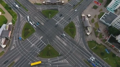 Aerial drone video of circular traffic of cars Minsk, Belarus Stock Footage 143907415