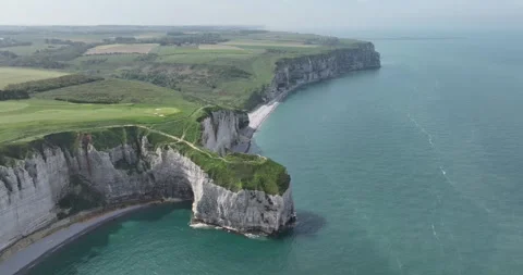 Aerial drone video of the cliffs of Etretat in Normandy, France. Stock Footage 242530583