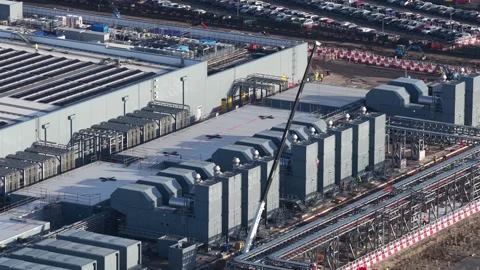 Aerial drone video of construction works on the new Google data center in Stock Footage 331403643