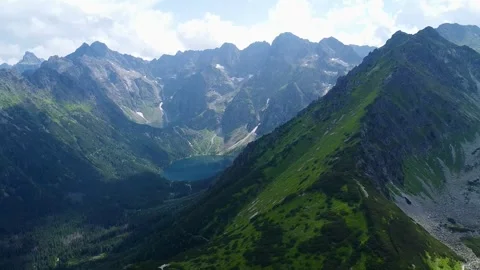 Aerial drone video of the Five Polish Ponds below granite Tatra peaks Stock-Footage 340859434