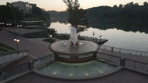 Aerial Drone Video of Fountain at Lake Kittamaqundi in Columbia, MD Stock Footage