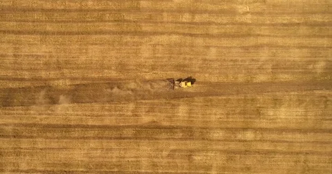 Aerial drone video of the harvesting machine in the field. The tractor plowing a Video stock 80748147