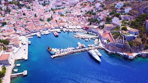 Aerial drone video of island of Hydra on a spring morning, Saronic Gulf, Greece Video stock 76309953