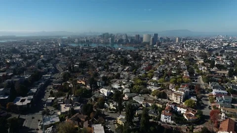 Aerial drone video of Lake Merritt, Downtown Oakland, San Francisco Skyline, 4K Stock Footage