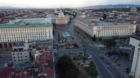 Aerial drone video in Sofia, Bulgaria of traffic with city in the Stock Footage 256223071