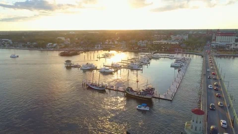 Aerial drone video St augustine Municipal marina sunset a1a Stock Footage 83179034