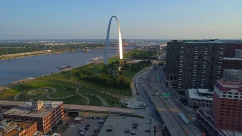 OverflightStock™  Night View of Busch Stadium and Gateway Arch St Louis  Missouri Aerial Stock Footage