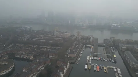 Aerial drone video of Thames Riverside in a fog. Stock Footage 305433737