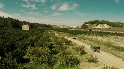 Aerial drone video of a tractor which moves in the countryside. N. Stock Footage 63628348