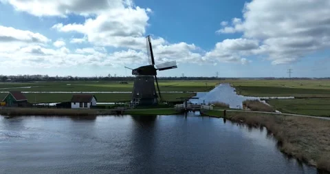 Aerial drone video of wind will, dutch culture and engineering, historic Stock Footage 311309301