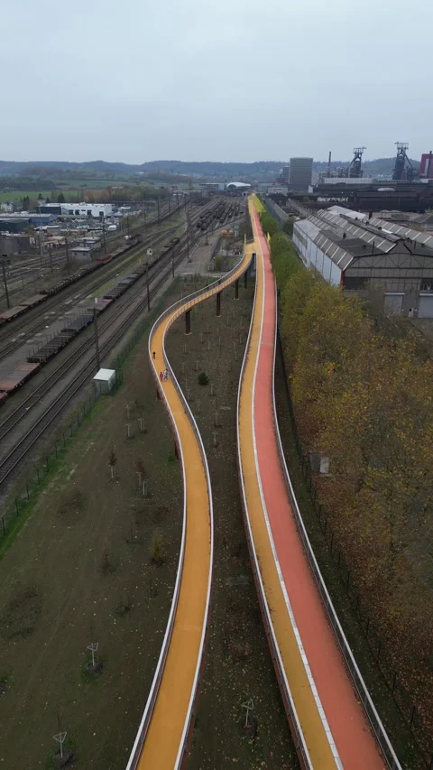 Aerial drone view of the 1.2km long cycling bridge inaugurated in 2022 Stock Footage 292439082