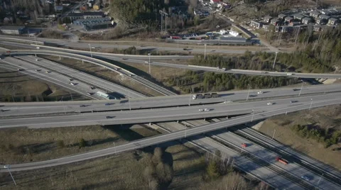 Aerial drone view from 140m height, crossroads traffic Kehä III and E18 highway Stockbeeldmateriaal 47961155
