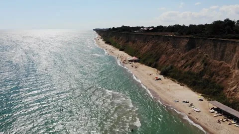 Aerial drone view from above of sandy beach on the Black Sea coast Stock Footage 282197236