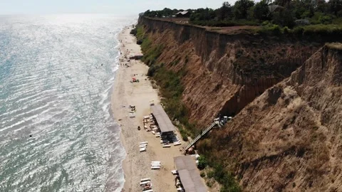 Aerial drone view from above of sandy beach on the Black Sea coast Stock Footage 282197249