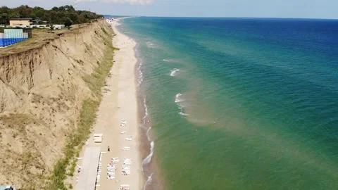 Aerial drone view from above of sandy beach on the Black Sea coast Stock Footage 282197250