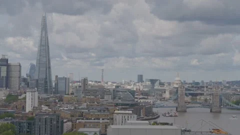 Aerial drone view across central London with the Shard and Tower Bridge Stock Footage 148670165