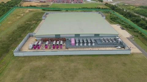 Aerial Drone View of Advanced Data Centre in the UK with Cutting-Edge Cooling Stock Footage 315204864