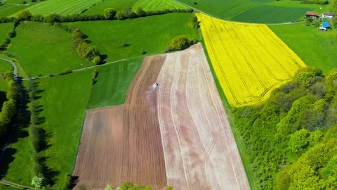 Aerial drone view of agricultural fields with blooming rapeseed and tractor Stock Footage 336439130