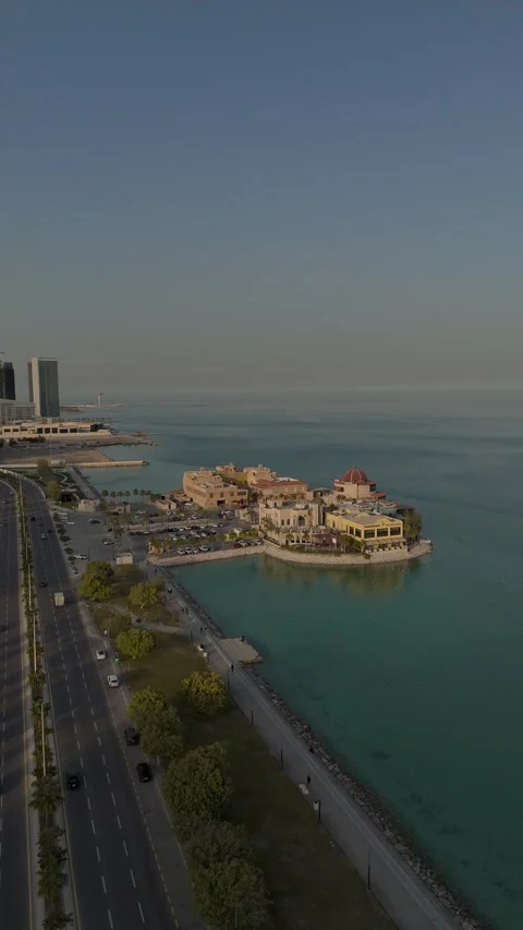 Aerial Drone View of Al Khobar Corniche Coastline and City Skyline Stock Footage 329869971