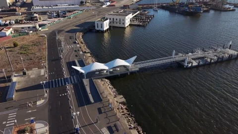 Aerial drone view of the Alameda Ferry Point Terminal in California Stock-Footage 345019676