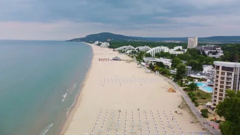 Aerial drone view of Albena empty sandy beach resort, Bulgaria Video stock 200157019