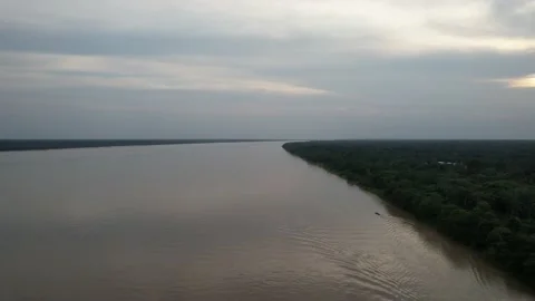 Aerial drone view of the Amazon River and forest and activity Stock Footage 208887341