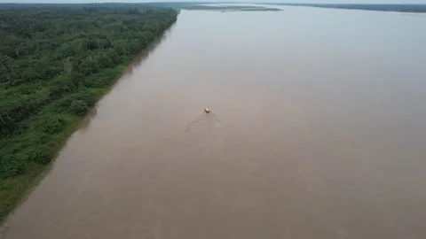 Aerial drone view of the Amazon River and forest and activity Stock Footage 208887526