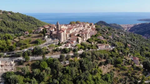Aerial drone view of ancient Castellar village, French Riviera Stock Footage 144863310