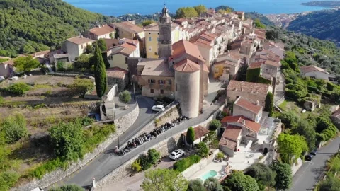 Aerial drone view of ancient Castellar village, French Riviera Stock Footage 256158663