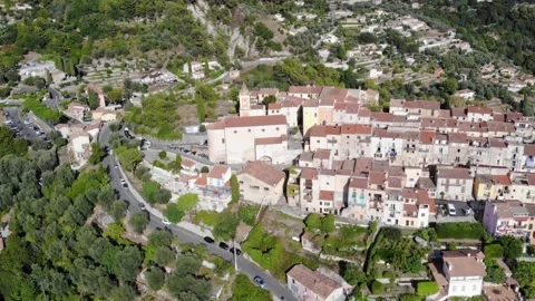 Aerial drone view of ancient Castellar village at a sunny day. French Riviera Stock Footage 256813675