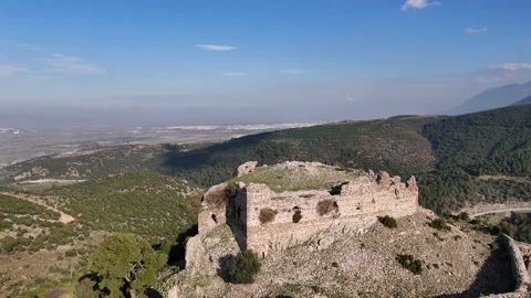 Aerial Drone View of an Ancient Castle on a Mountain Peak Stock Footage 340111515