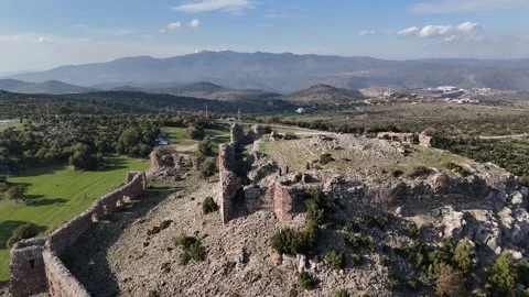 Aerial Drone View of an Ancient Castle on a Mountain Peak Stock Footage 340111751