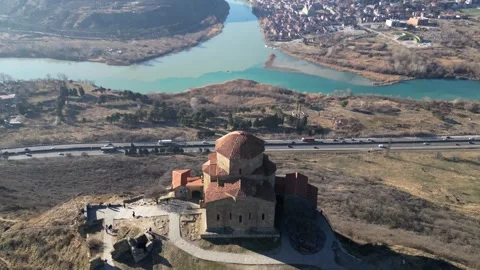Aerial Drone View of an Ancient Monastery on a Mountain Peak Stock Footage 299940940