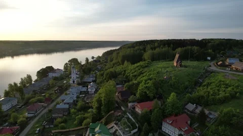 Aerial drone view of ancient russian town Ples on the Volga river. Video stock 283566679