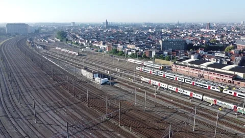 Aerial drone view Antwerp train station with many rail tracks Video stock 160423188