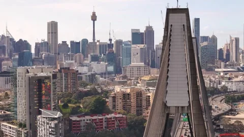 Aerial drone view of Anzac Bridge Bay with Pyrmont in the background, Sydney NSW Vídeo Stock 344252694
