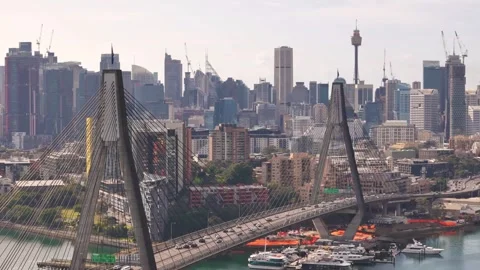 Aerial drone view of Anzac Bridge Bay with Pyrmont in the background, Sydney NSW Vídeo Stock 344252727