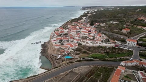 Aerial drone view approaching Azenhas do Mar, Portugal Stock Footage 208935001