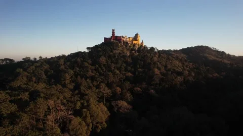 Aerial drone view approaching Pena Palace Stock Footage 220971982