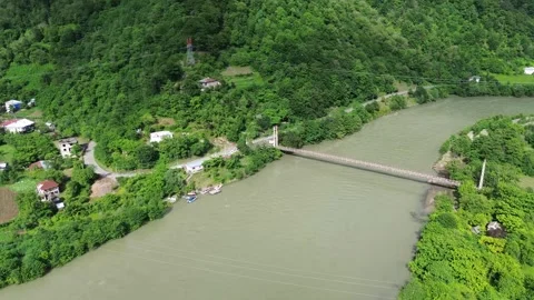 Aerial Drone View Approaching Suspension Bridge, Chorokhi River, Georgia 4K 스톡 동영상 337343739