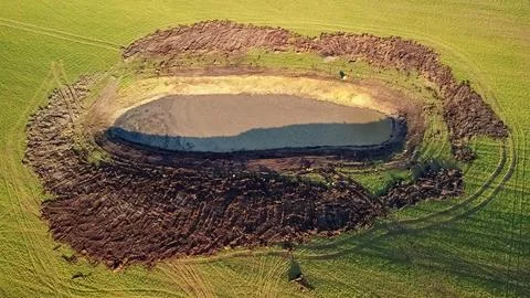 Aerial drone view of an artificial pond in a green agricultural field Stock Photos