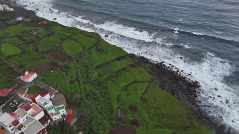Aerial Drone View of Atlantic Coast with Green Cliffs and Black Beach, Tenerife Stock Footage 327653788