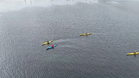 Aerial drone view of the Atlantic Ocean with several kayakers, Ireland. Stock Footage 341731688