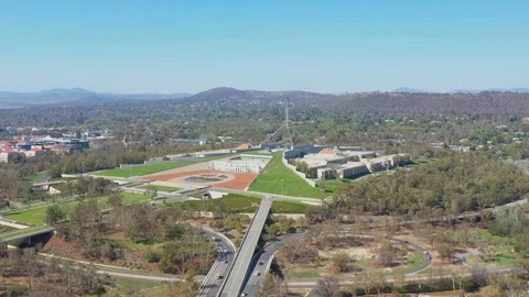 Aerial drone view of Australian Parliament House in Canberra, Australia Stock Footage
