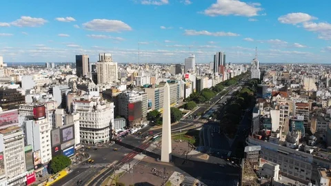 Aerial drone view of Avenida 9 de Julio Obelisk, Buenos Aires Downtown Stock Footage 100899196