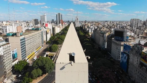 Aerial drone view of Avenida 9 de Julio Obelisk, Buenos Aires Downtown Stock Footage 100899407