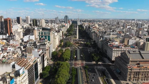 Aerial drone view of Avenida 9 de Julio Obelisk, Buenos Aires Downtown Stock Footage 100899602